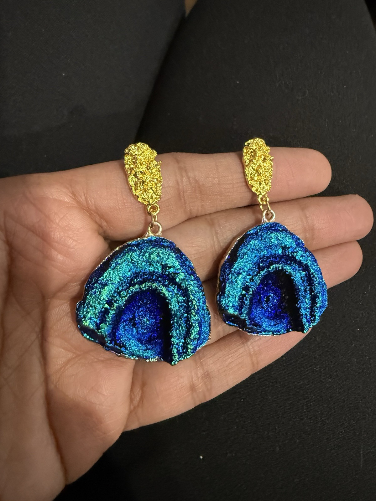 Royal Blue Earrings Glitter Long Gold Dangle Blue Green Pageant