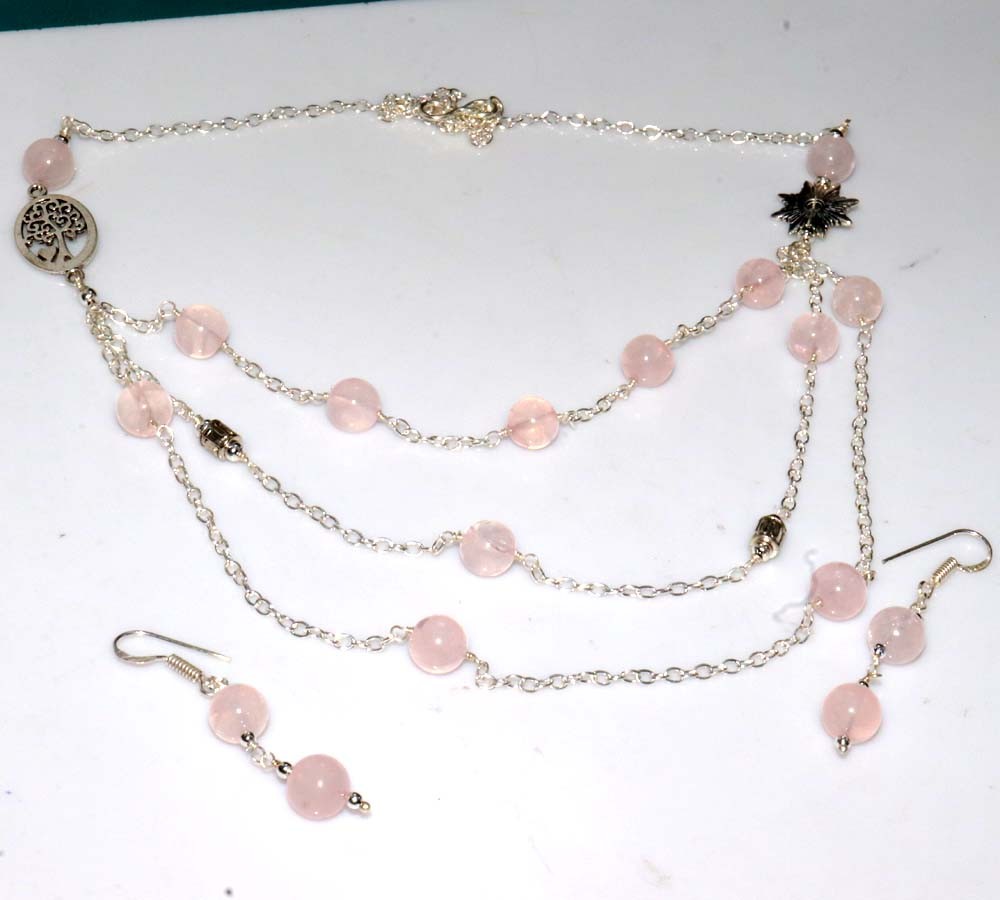 925 Silver Plated Pretty Beaded Rose Quartz Necklace Earrings Set 18+2|2.2″ JW