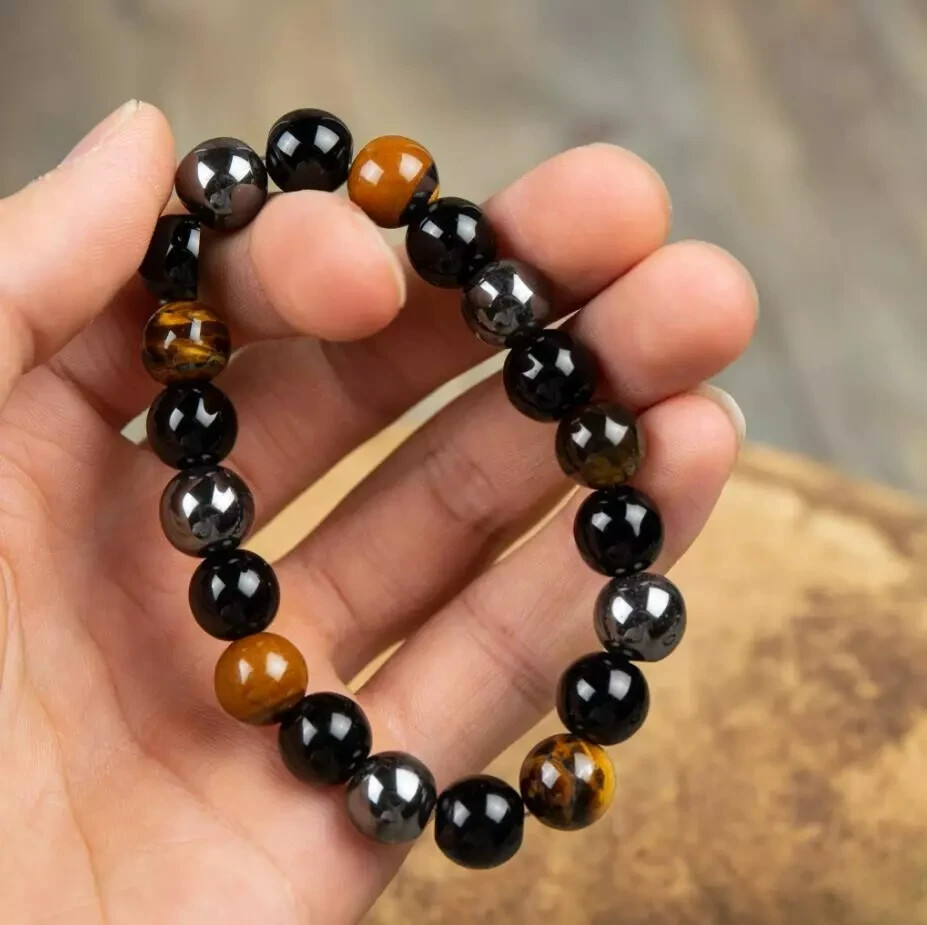Triple Protection Obsidian Tiger Eye Hematite 8mm Beads Healing Woman Bracelet