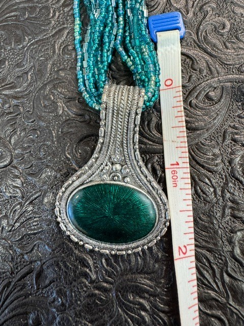 Boho Teal Multi Strand Seed Bead Necklace Silver Tone Faux Malachite Pendant