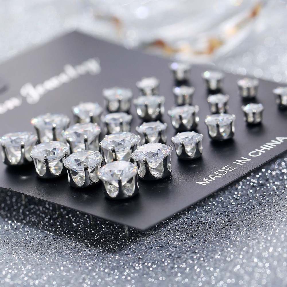 12 Pairs Round Six Prong Zircon Stud Earrings Silver Alloy for Work Events