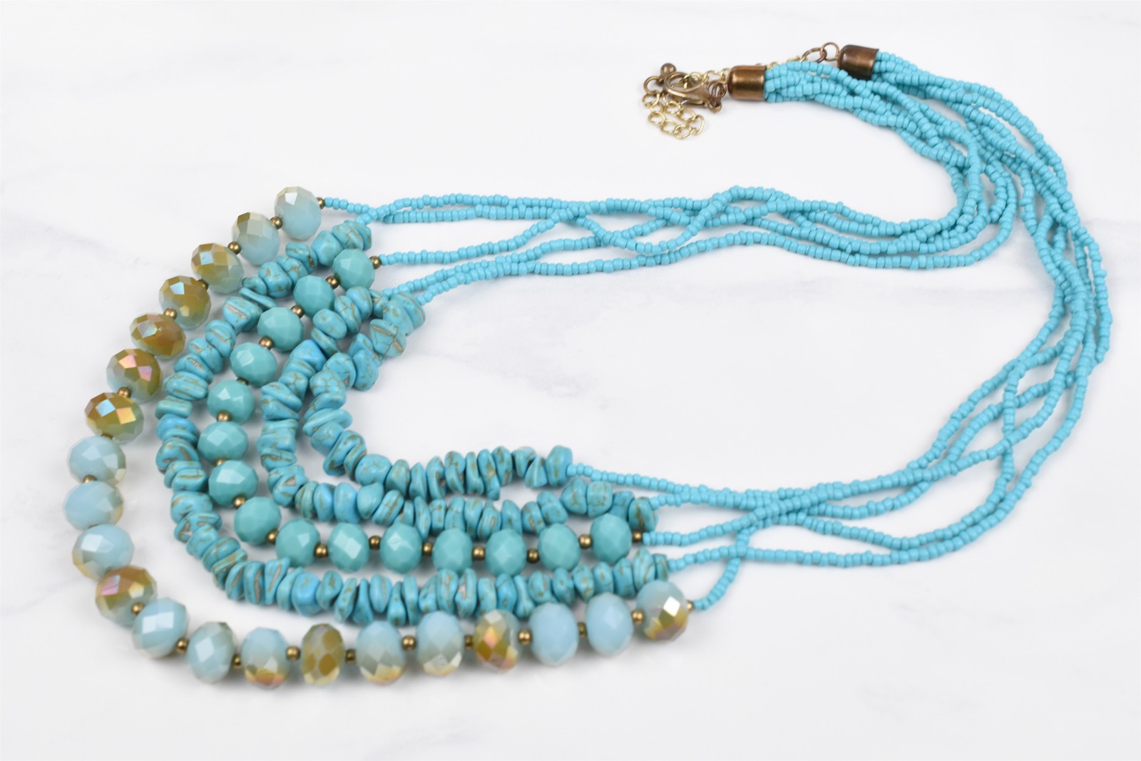 Multi-Strand Turquoise Glass Magnesite & Crystal Necklace 20-30 in Ext