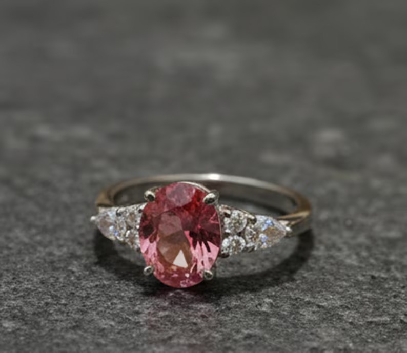 simulated Pink Sapphire Ring, Brass Gold Alloy , Birthday Gift Her, Women Ring