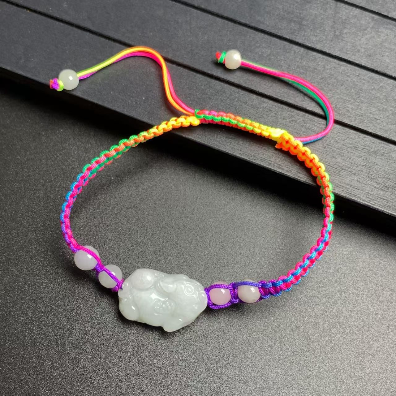 1pcs Real Natural Jade Jadeite Women Pixiu Bead Multi Color Woven Bracelet