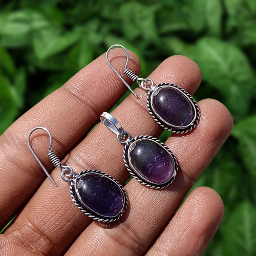 Amazing Amethyst Gemstone 1PCS Pendant Earring Set 925 Silver Plated Wow Jewelry
