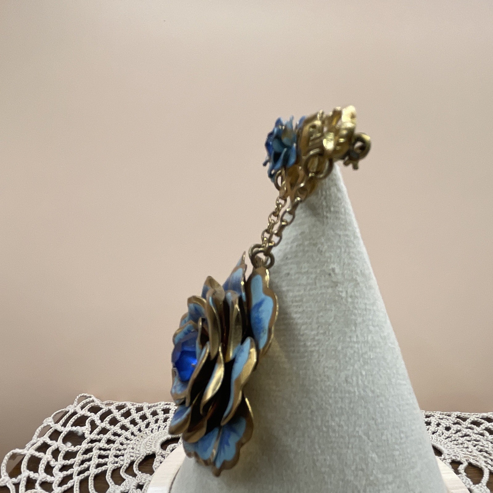 Gold Tone Blue Enamel Flower Dangle Brooch Pin w/ Chain, Possible 1928 Brand