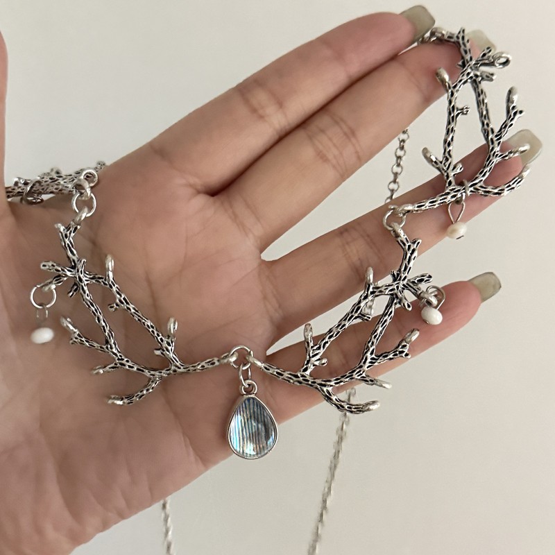Moonstone Branch Choker Necklace Gothic Fairy Witch Pagan Jewelry for Women