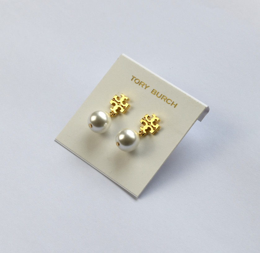 Tory Burch TB logo White Pearl Drop Earrings Gold with dust bag