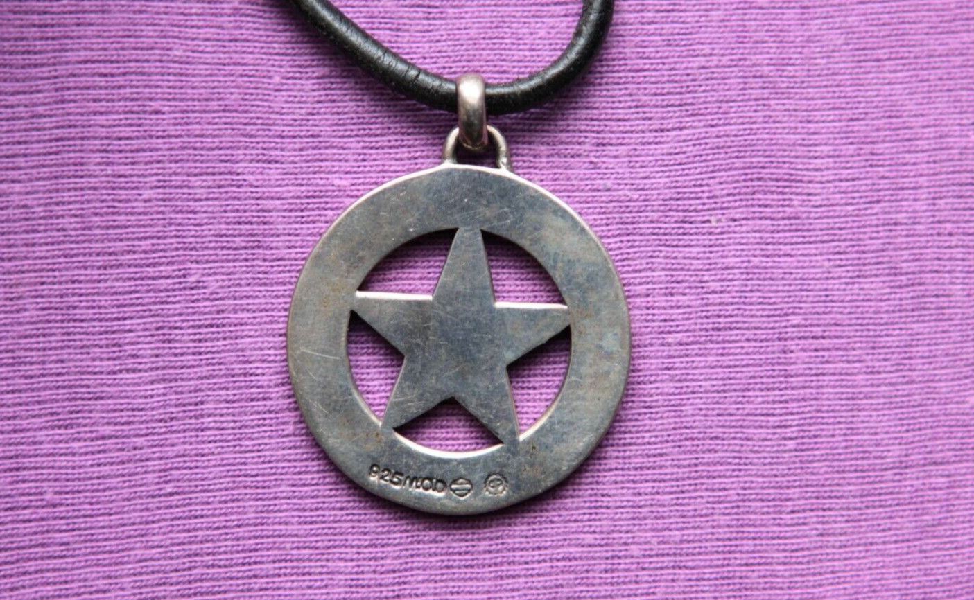 Rare MOD Sterling Silver Harley Davidson Fat Boy Star Pendant with Leather Cord