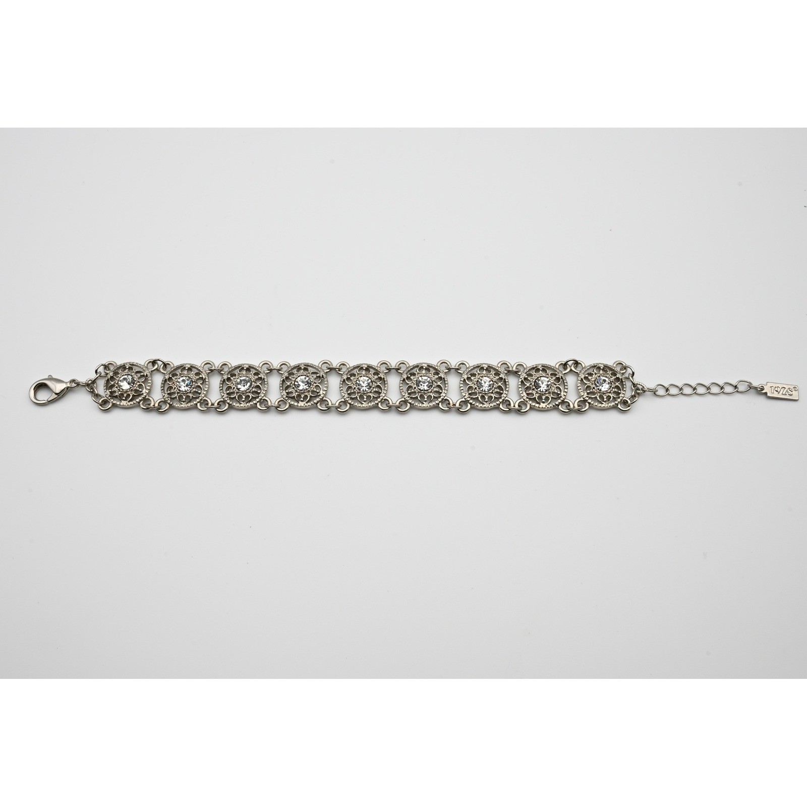 1928 Jewelry Silver Tone Filigree Crystal Medallion Link Bracelet Vintage Style