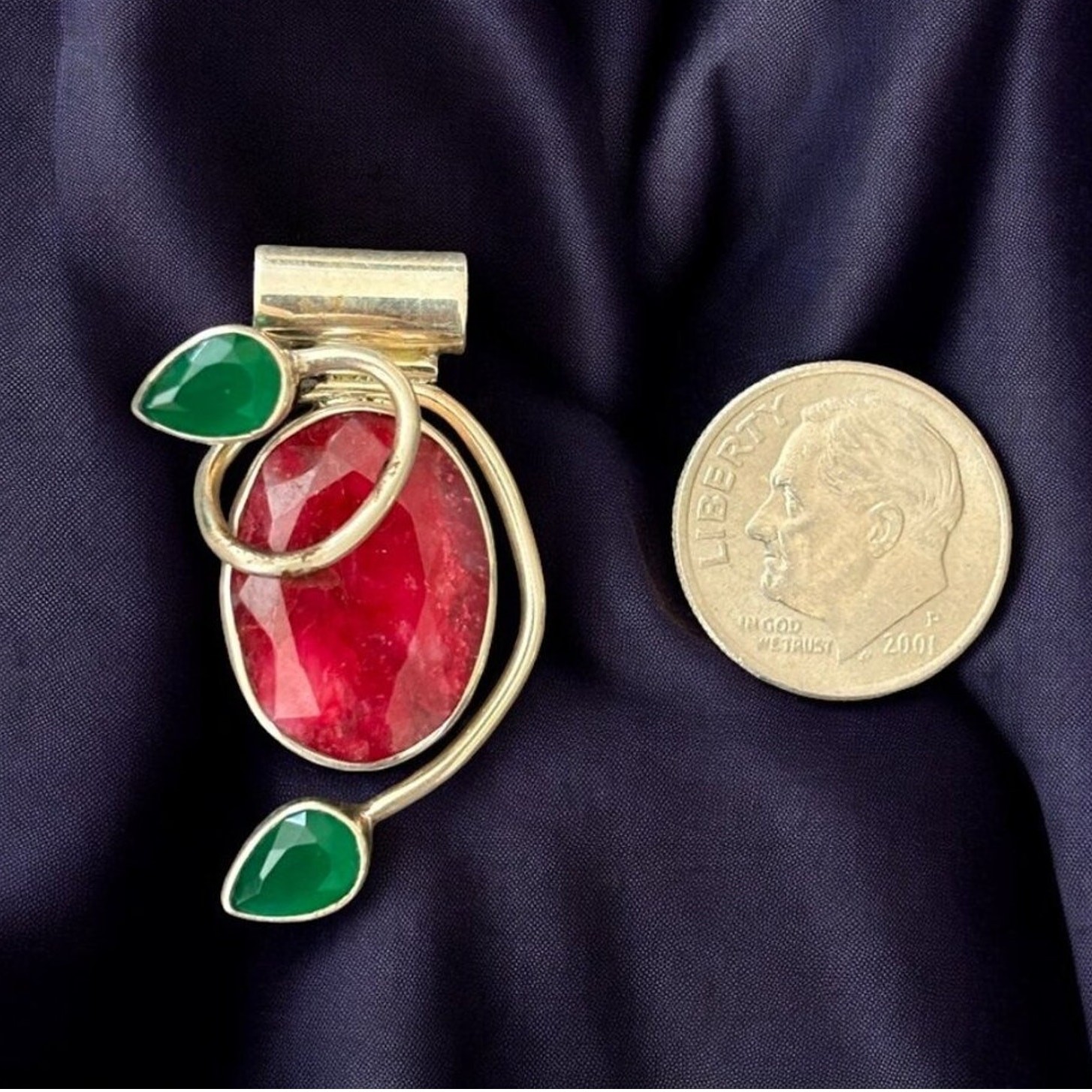 Vintage Artisan Crafted Ruby Emerald Sterling Silver Statement Pendant 925