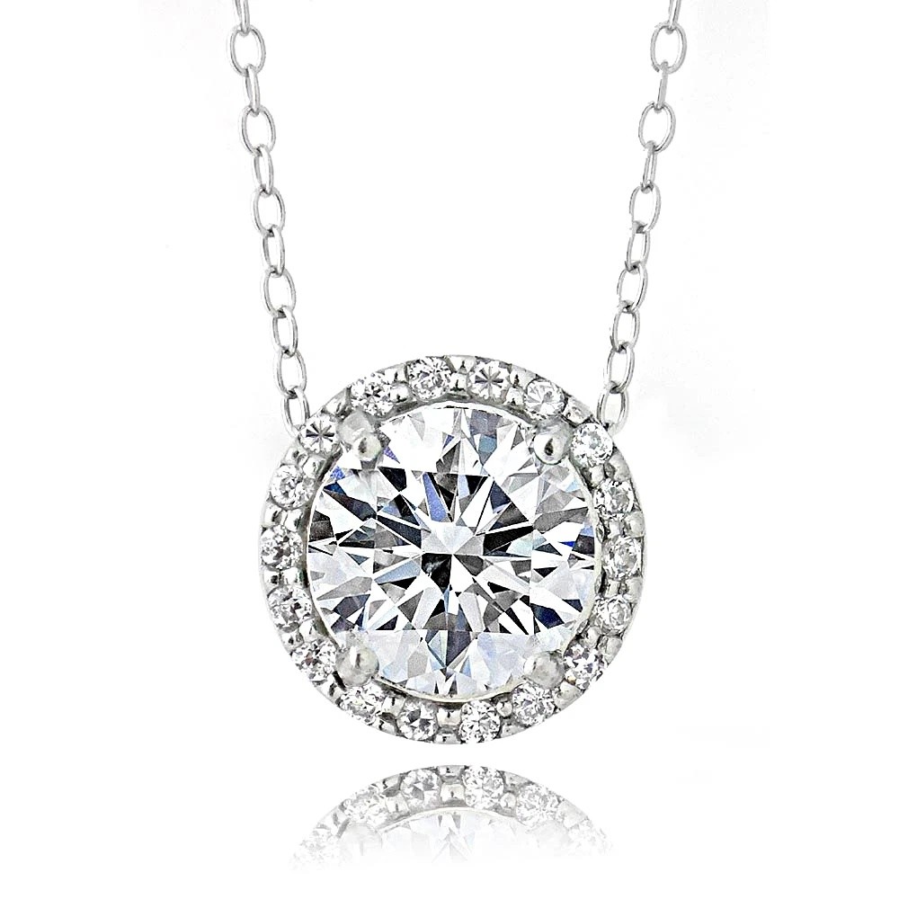 Sterling Silver 2 Carats 100 Faceted Cubic Zirconia Halo Necklace, 18″