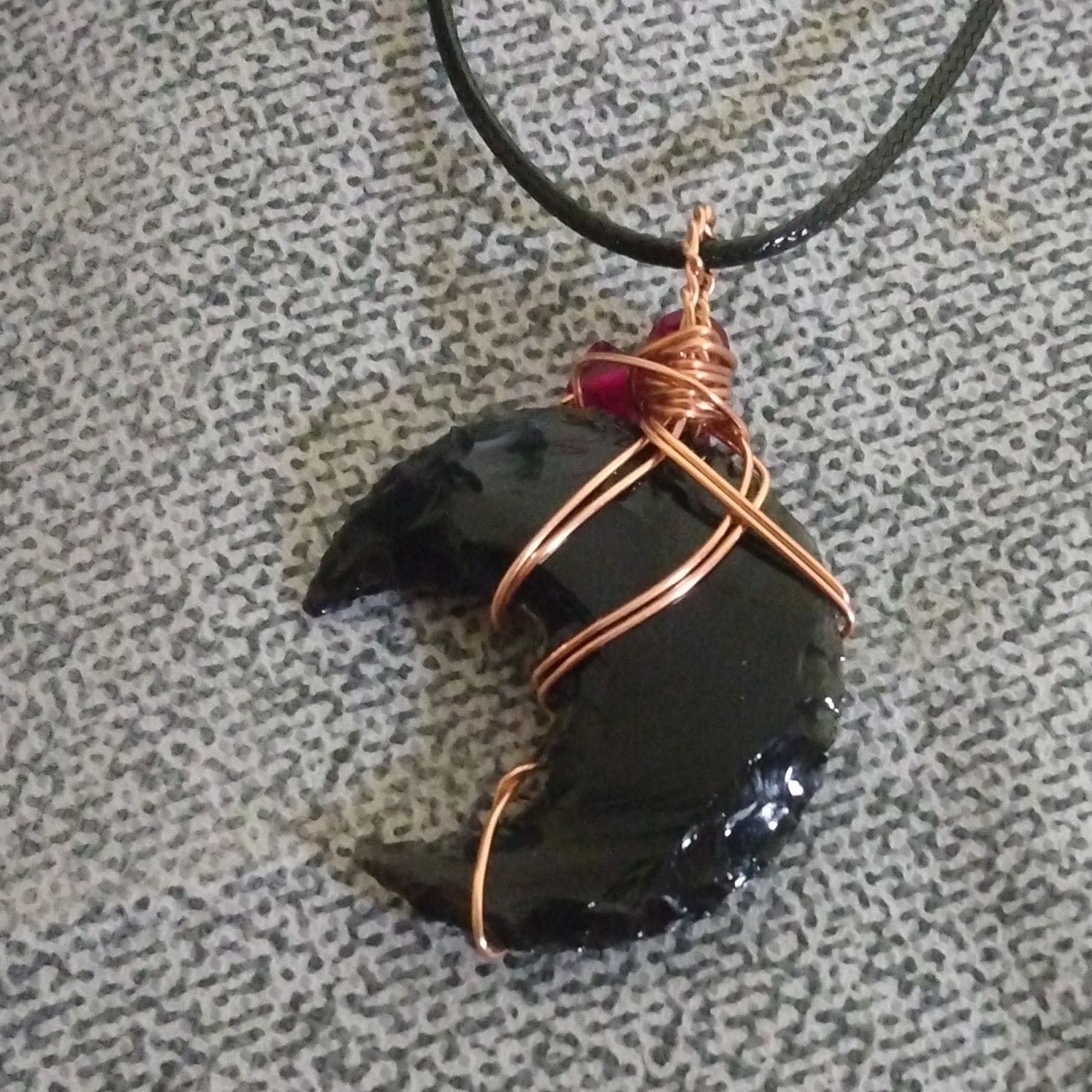Crescent Moon Charm Pendant Necklace Black Cord Copper Wire Wrapped Lobster