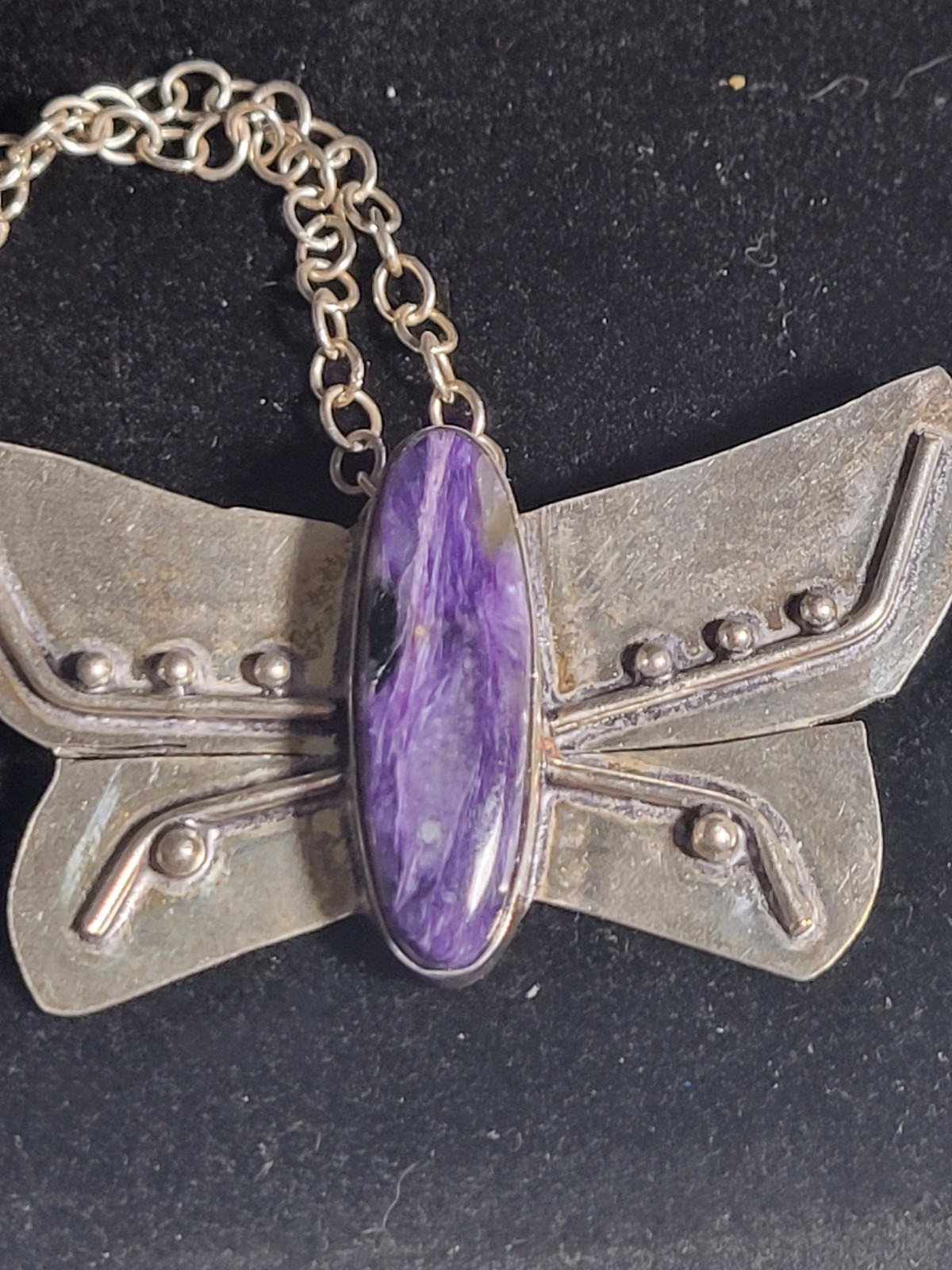 Vintage Handcrafted .925 Sterling Silver Charoite Butterfly Pendant Necklace 24″