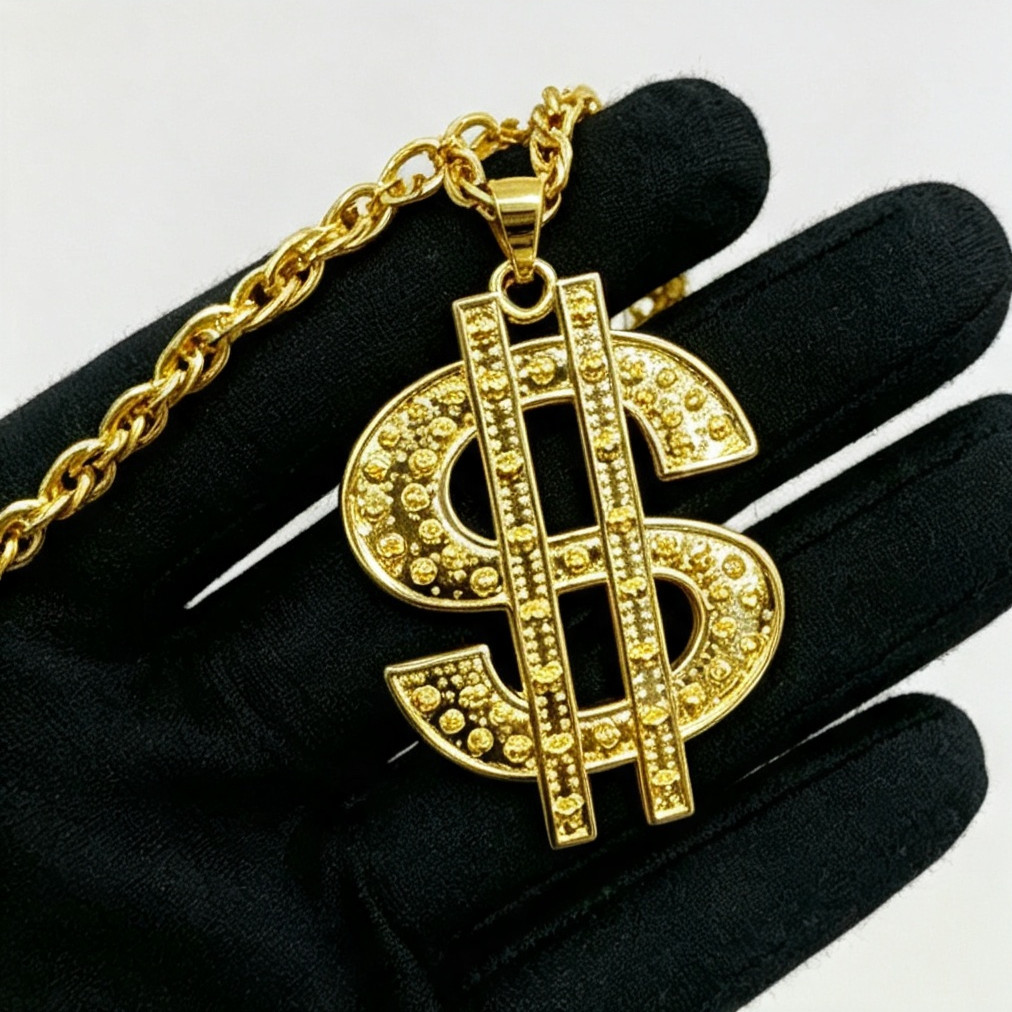 Oversized Gold Dollar Sign Pendant Long Chain Hip Hop Statement Necklace for Men