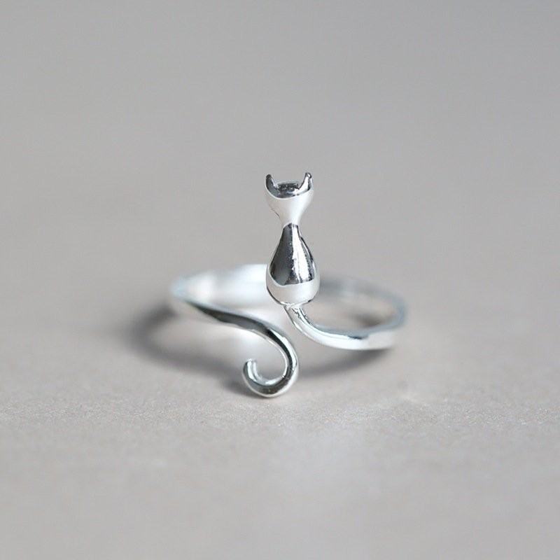 Cute Cat Sterling Silver Engagement Open Toe Rings Pet Lovers Dainty Adjustable
