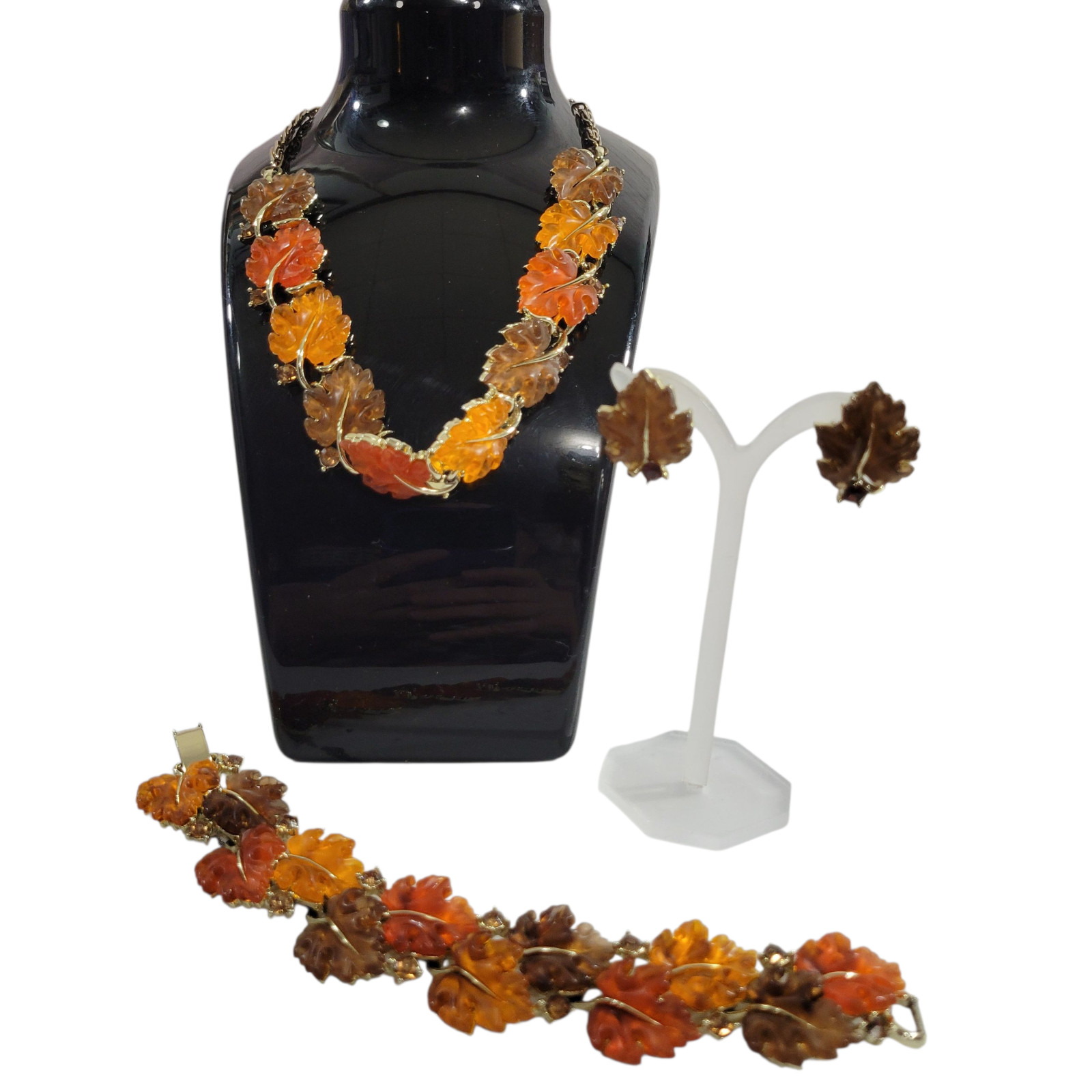 Lisner Autumn Leaf Lucite Rhinestone Set Amber Topaz Necklace Bracelet Earring