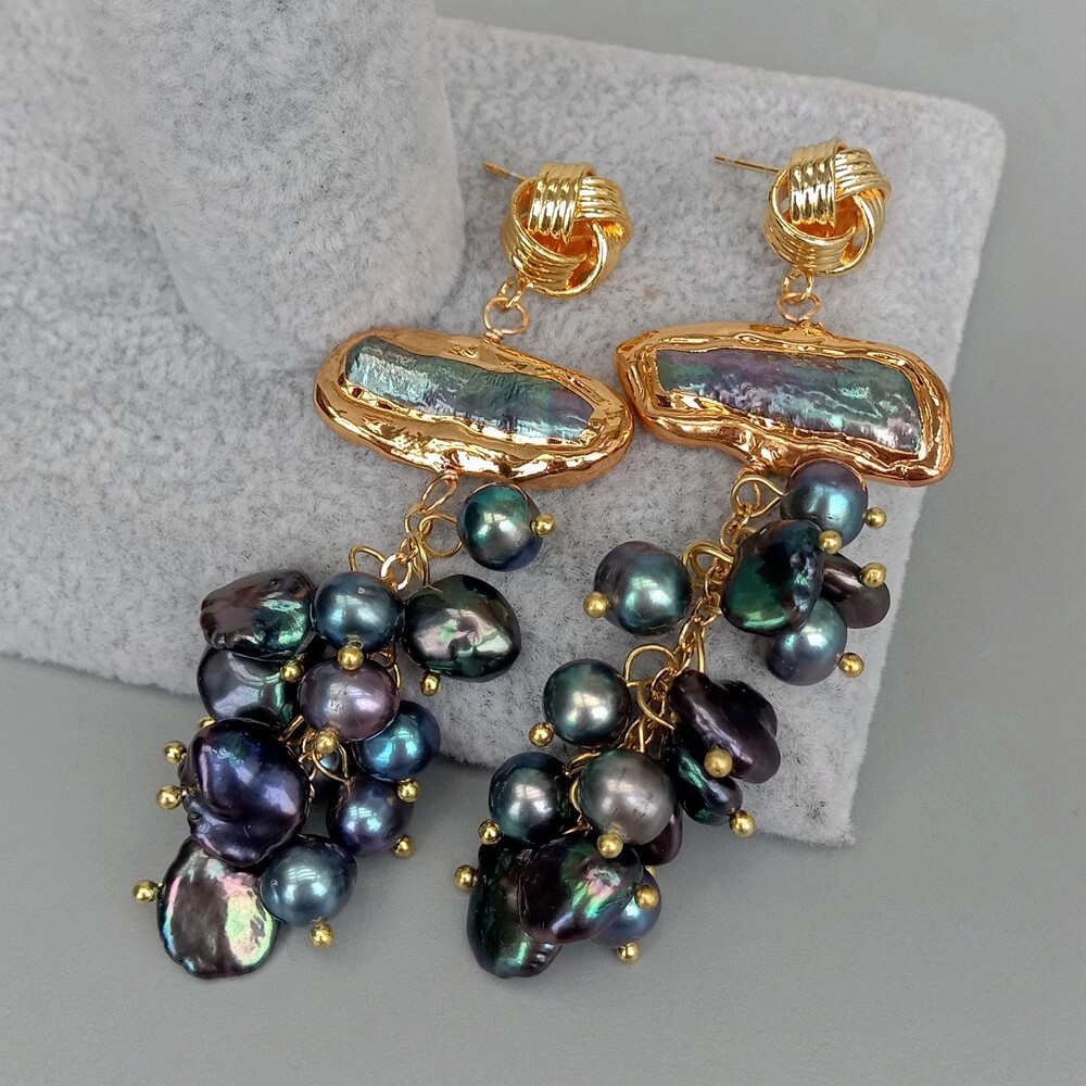 Freshwater Cultured Black Biwa Pearl Keshi Pearl Dangle Stud Earrings