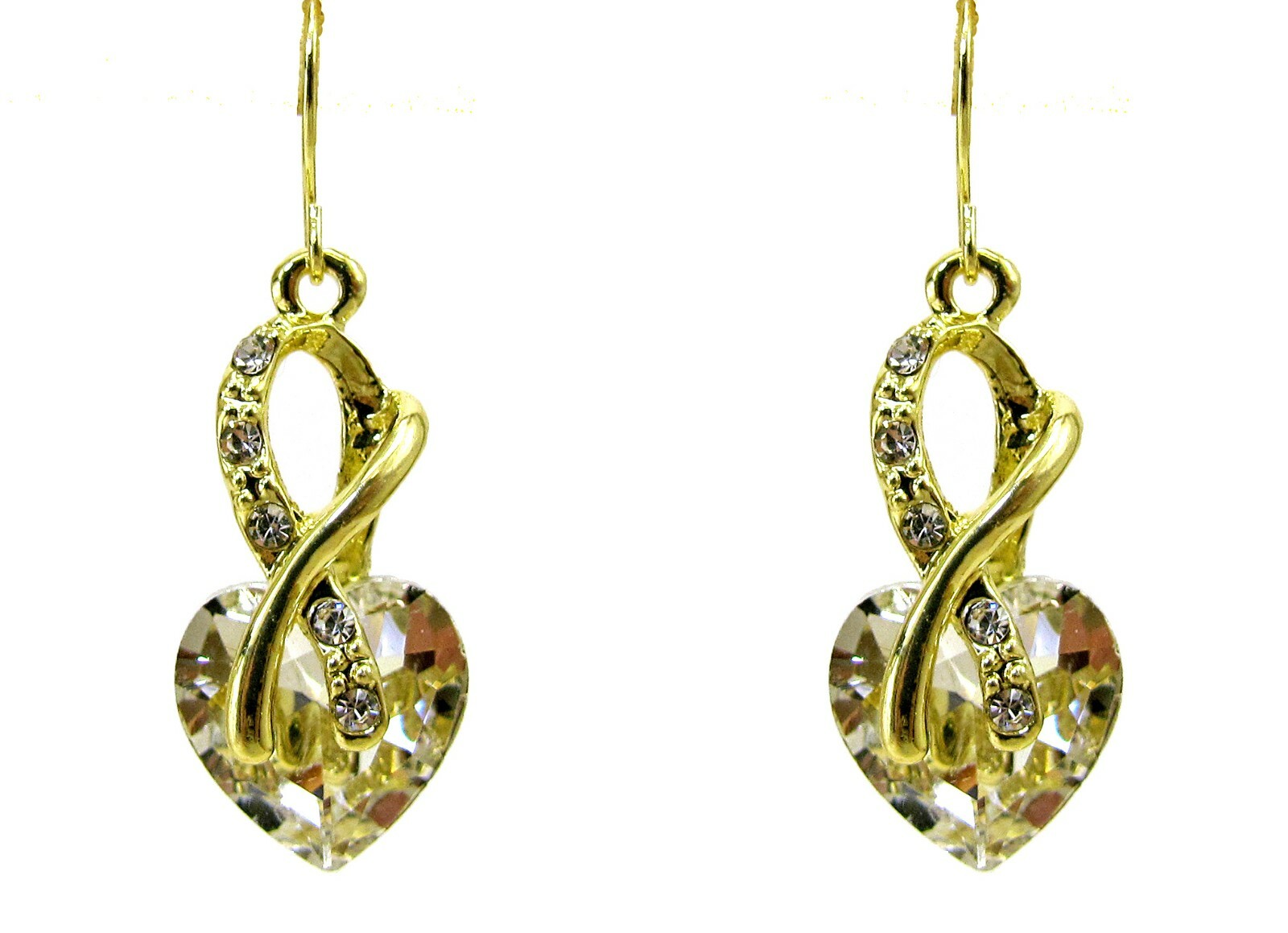 Clear crystal heart earrings in an aurora borealis finish gold wrap front New