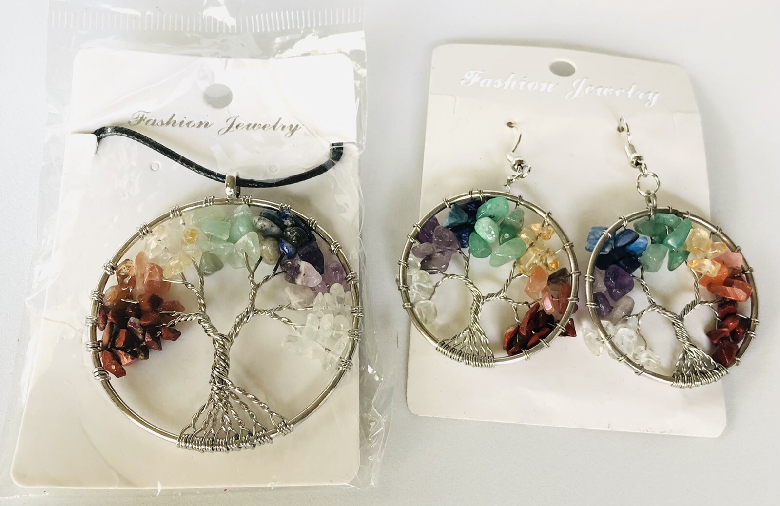 Mixed Stone Dangle Earrings Pendant Stainless Steel Tree of Life