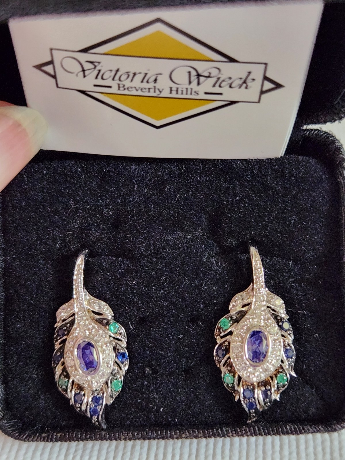 Vintage Victoria Wieck Peacock Feather Simulated Tanzanite Earrings 925 NEW