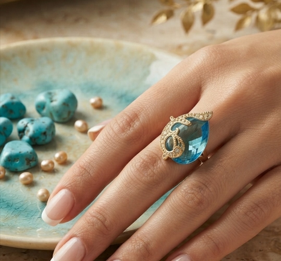 Elegant Cocktail Ring – Large Synthetic Blue Topaz Gemstone – Golden Tone Size 8