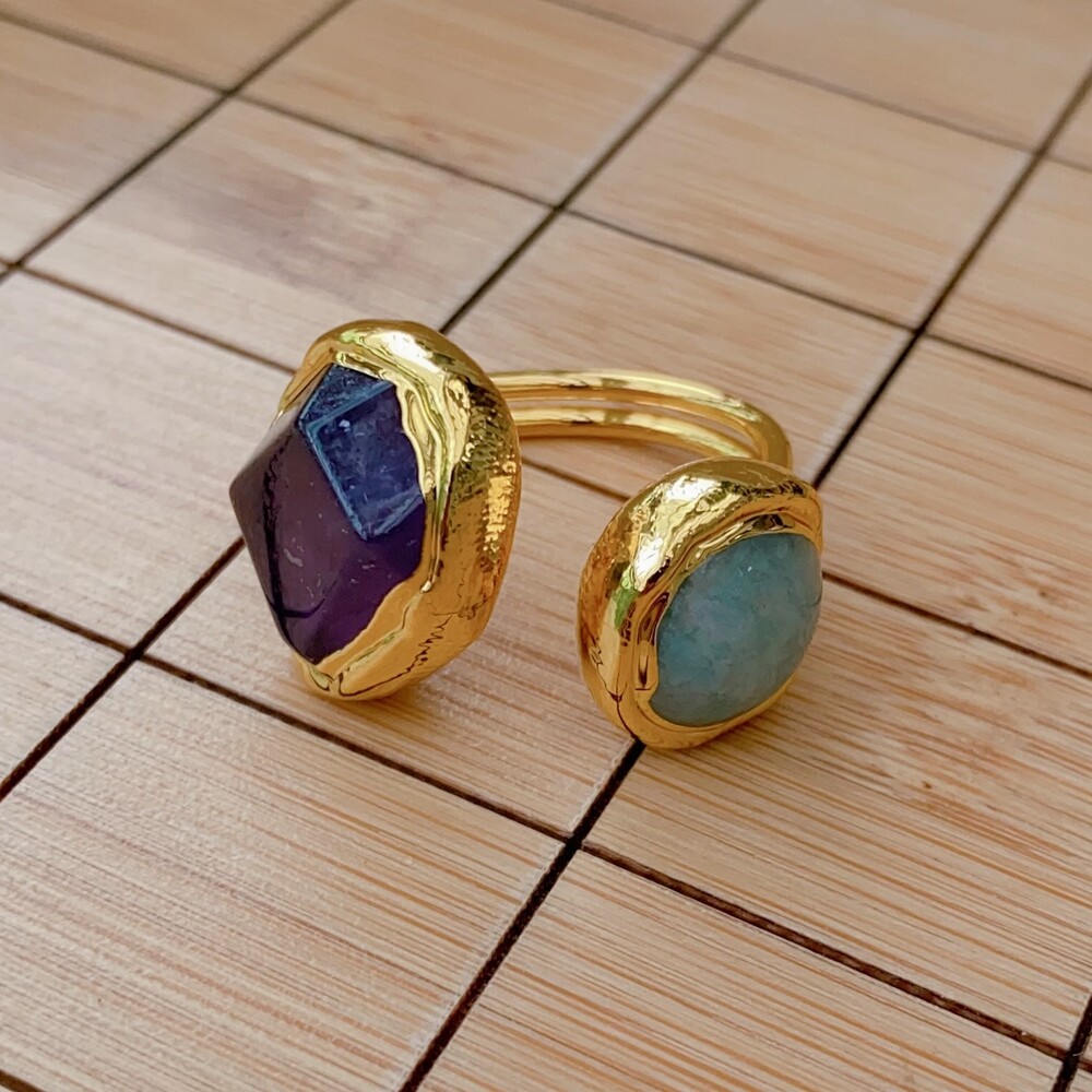 Y·YING Natural Gemstone Ring Green Amazonite Purple Amethyst Ring Handmade