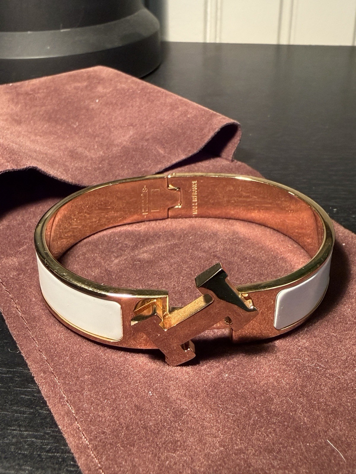 Hermès Clic H Enamel Hinged Bangle Bracelet H Shape Gold White France