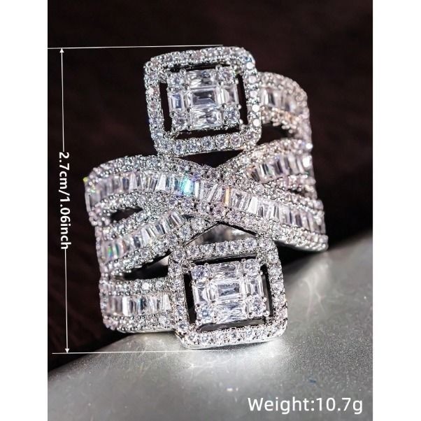 Silver Tone Cubic Zirconia Baguette Crossover Statement Cocktail Ring Size 7