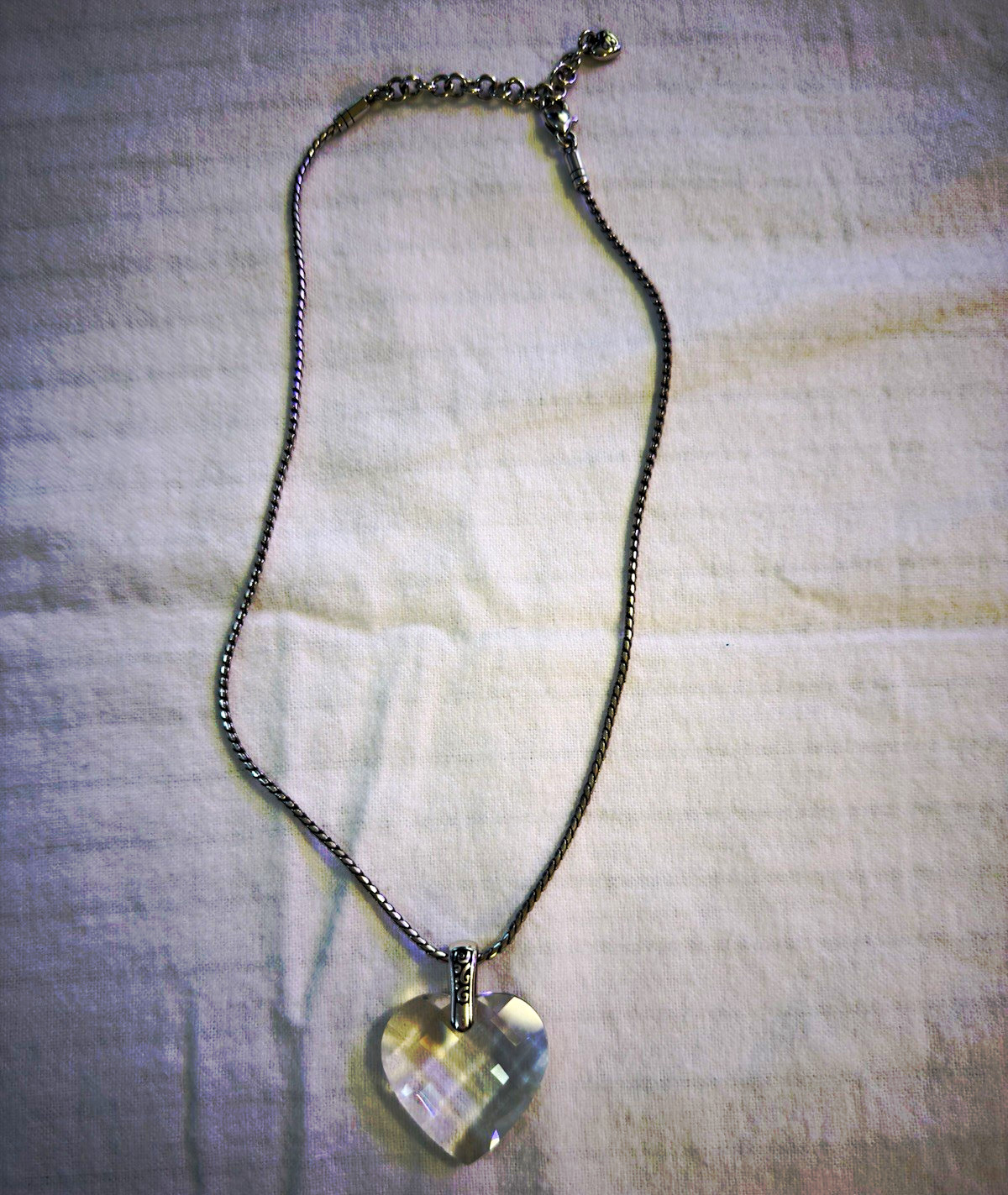 Brighton Signed Silver Plated Crystal Heart Charm Pendant Rope Chain Necklace