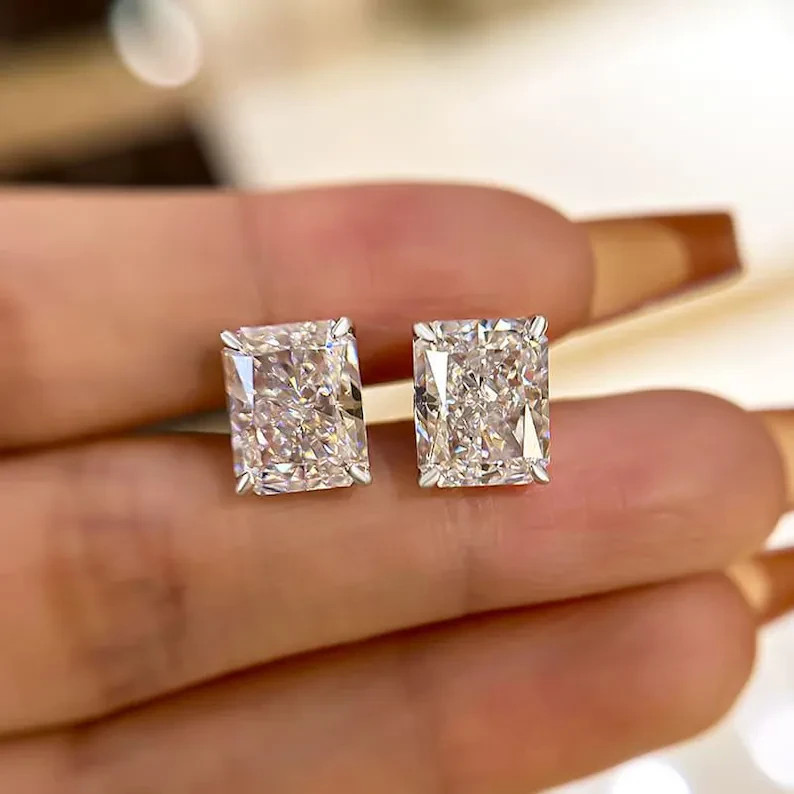 4 Ct Radiant Cut Lab Grown Diamond Earrings Studs Valentine Gift For Her