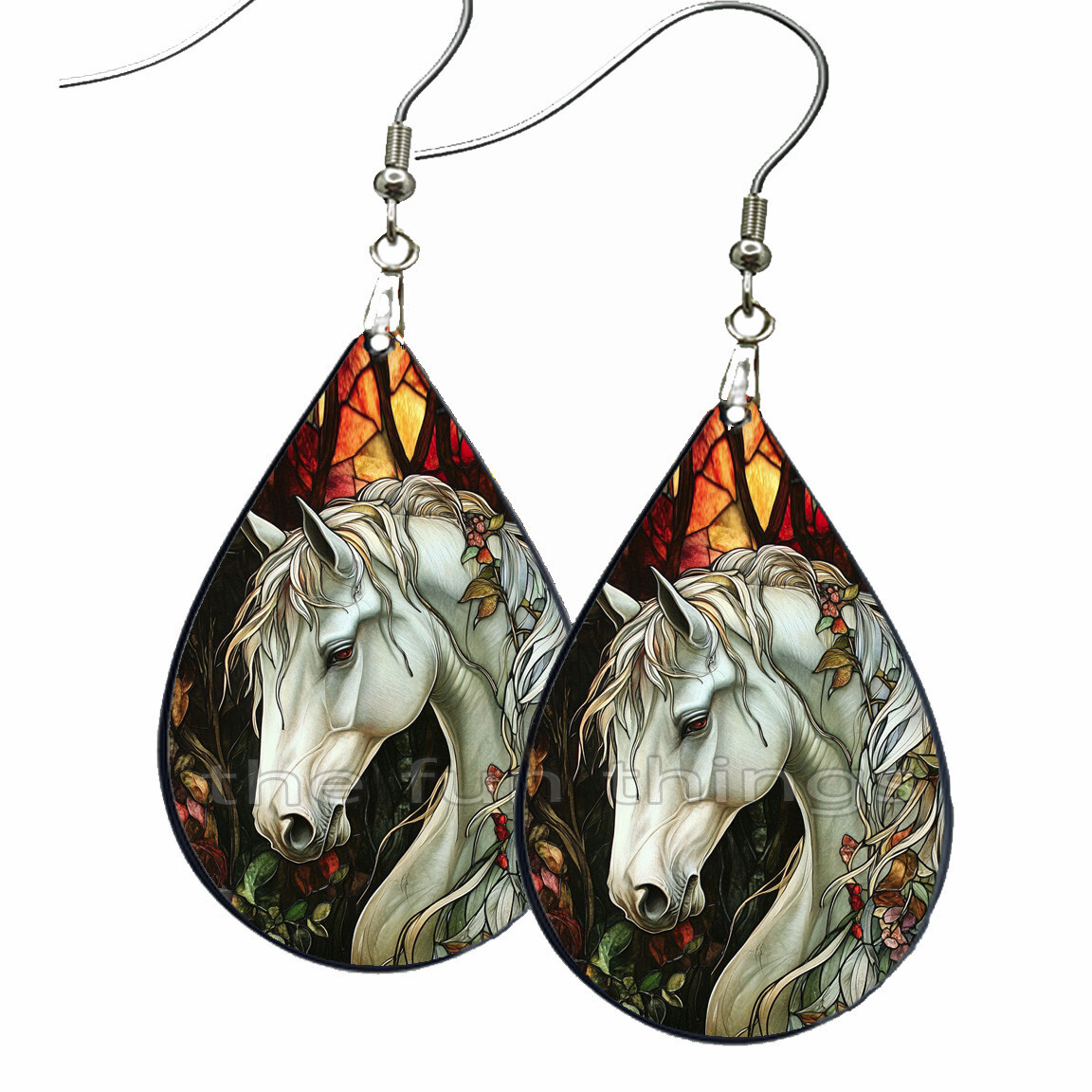 Fantasy White Horse Dangle Earrings Teardrop NO TARNISH Wood Equestrian Gift