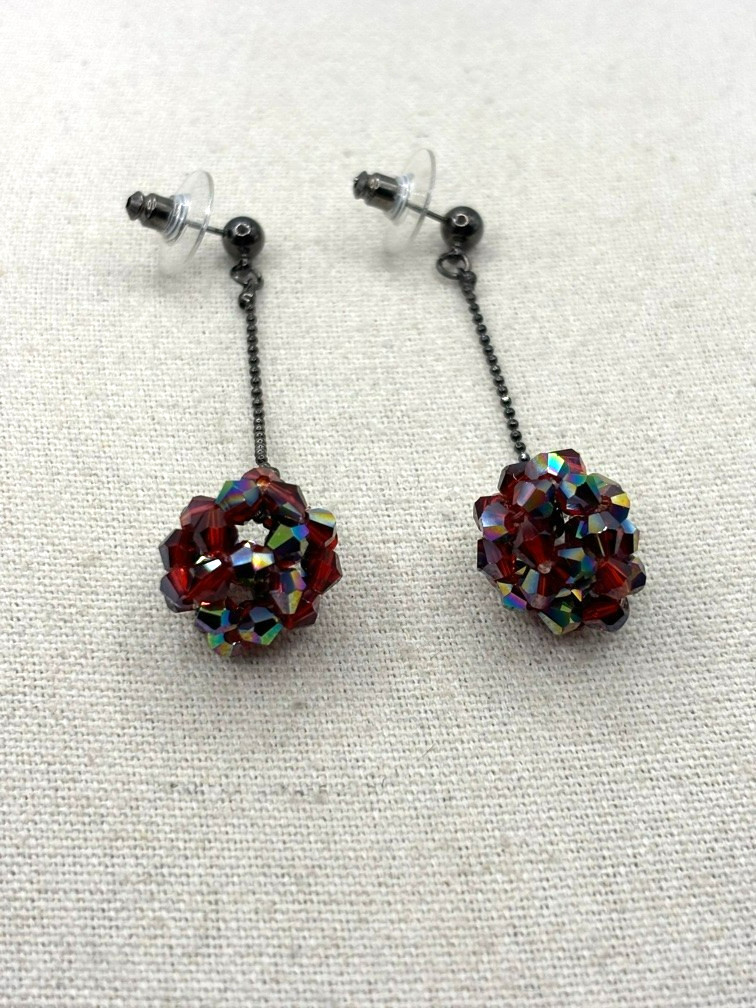 Cookie Lee Red Aurora Borealis Glass Bead Ball Drop Gunmetal Tone Earrings NWT