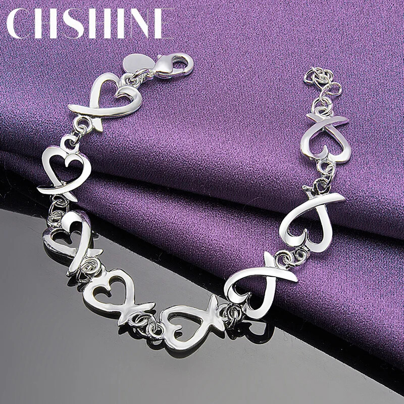 CHSHINE 925 Sterling Silver Love Heart Chain Bracelet Fashion Charm Jewelry