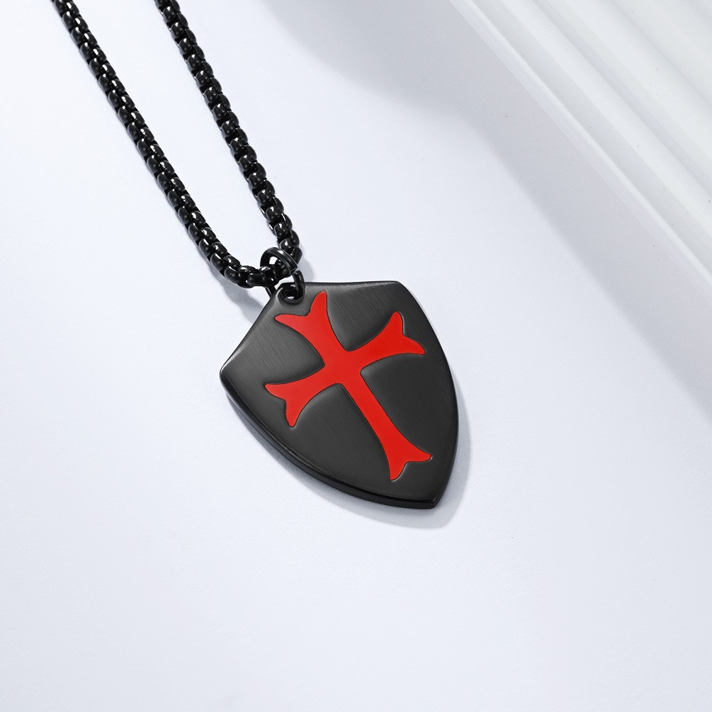 Stainless Steel Crusader Knights Templar Cross Shield Pendant Necklace For Men