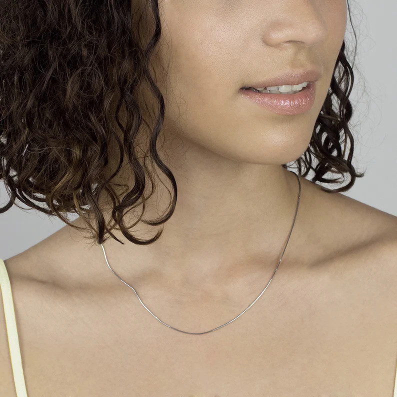 14K Solid White Gold Octagonal Snake Chain Necklace 0.8mm-1.0mm Pendant