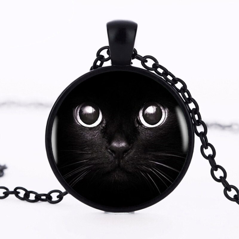 BLACK CAT FACE 1-1/8″ Metal & Acrylic Pendant 22″ Necklace (#81)