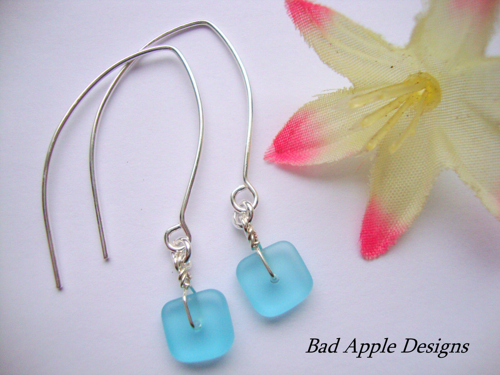 Flat, Forward-Facing, Dainty Frosted Sea Glass Silver Marquise Style Earrings