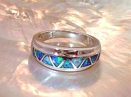 7.5mm Rhodium Plated Over Solid Sterling Silver Inlaid Opal Triangles Ring 8.0