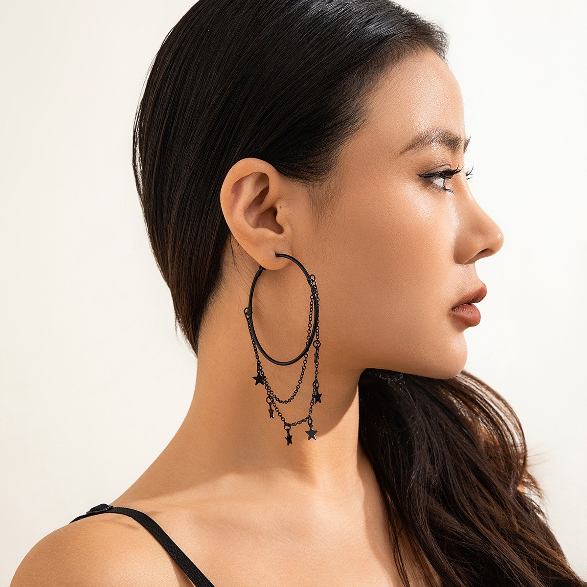 Black Chain Hoop Earrings Goth Punk Emo Star Circle Charm Alternative Jewelry