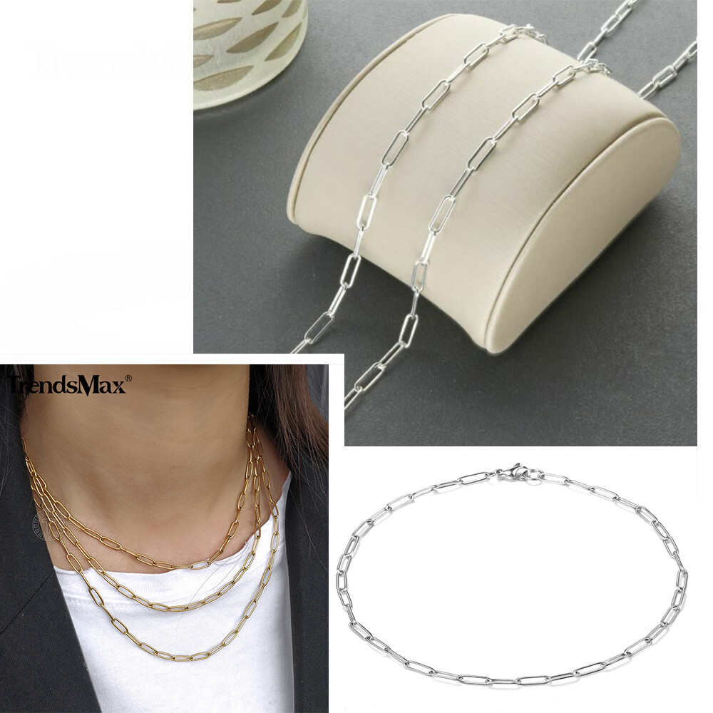 4mm Silver/Gold Plated Stainless Steel Paperclip Rolo Link Chain Necklace Choker