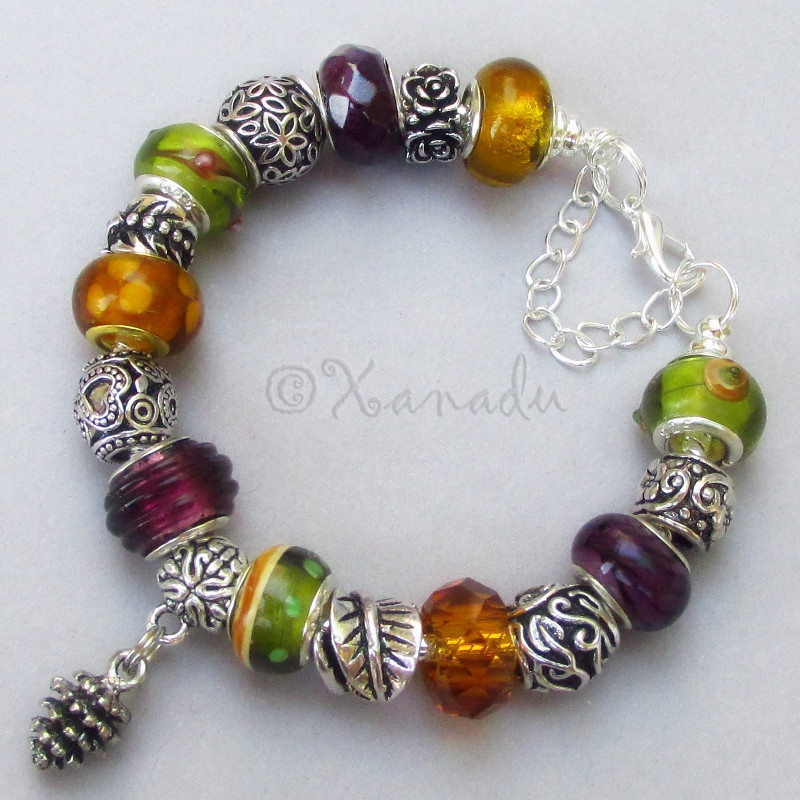Autumn Leaves European Charm Bracelet With Silver Pine Cone Charm Pendant