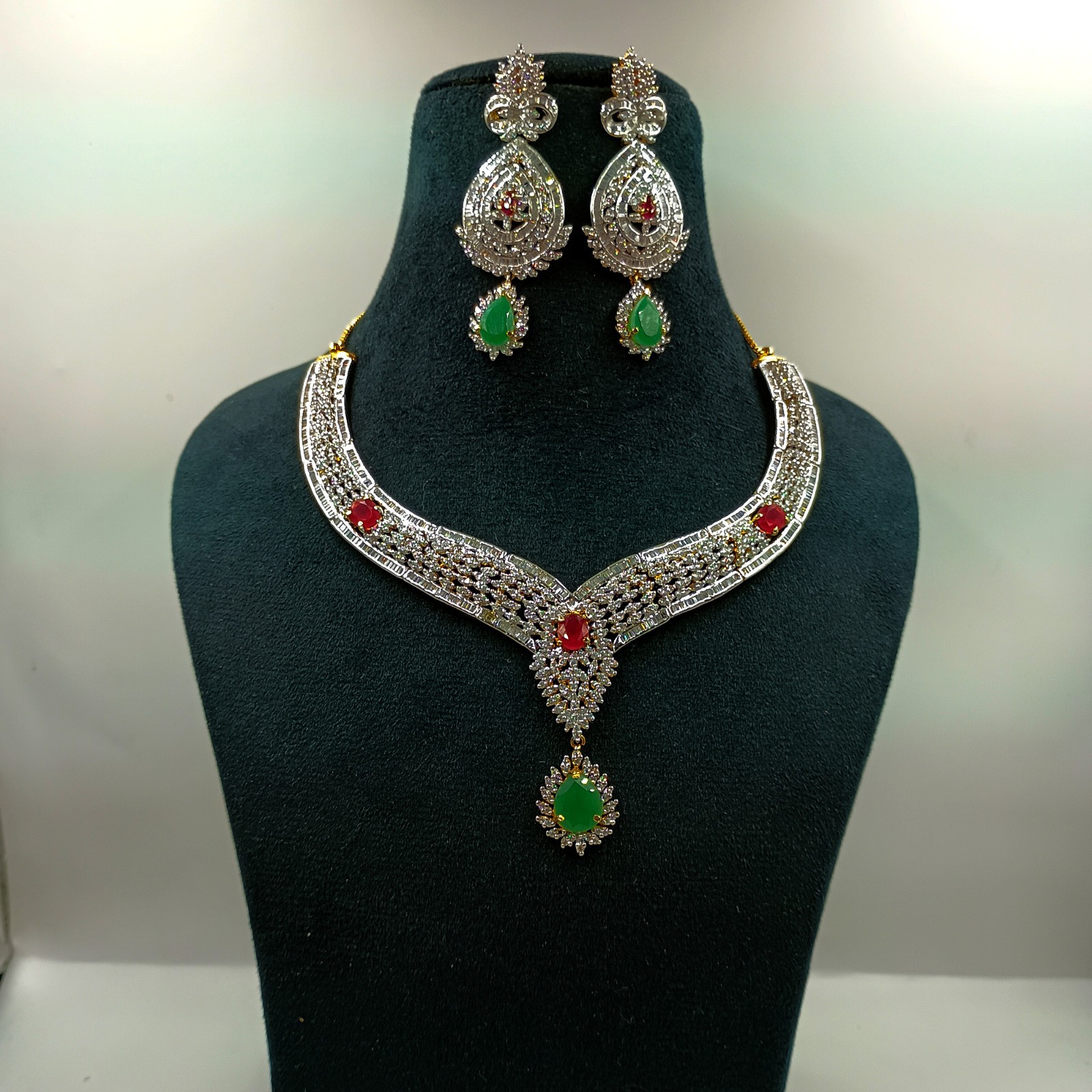 Traditional Emerald Ruby CZ Diamond Choker Necklace Set 22k Gold Plated