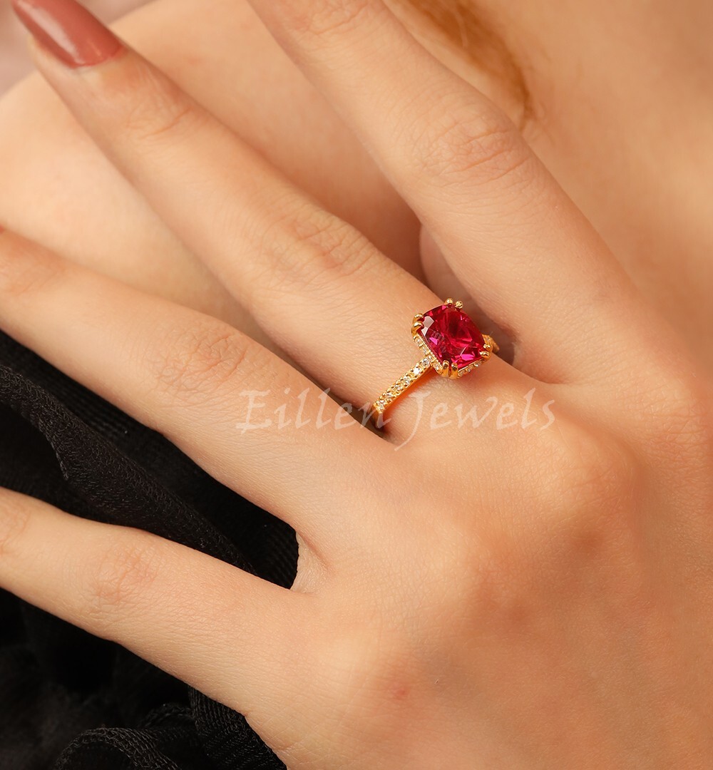 3 Ct Cushion Cut Ruby Ring, Ruby Wedding Ring, Yellow Gold Ruby Ring