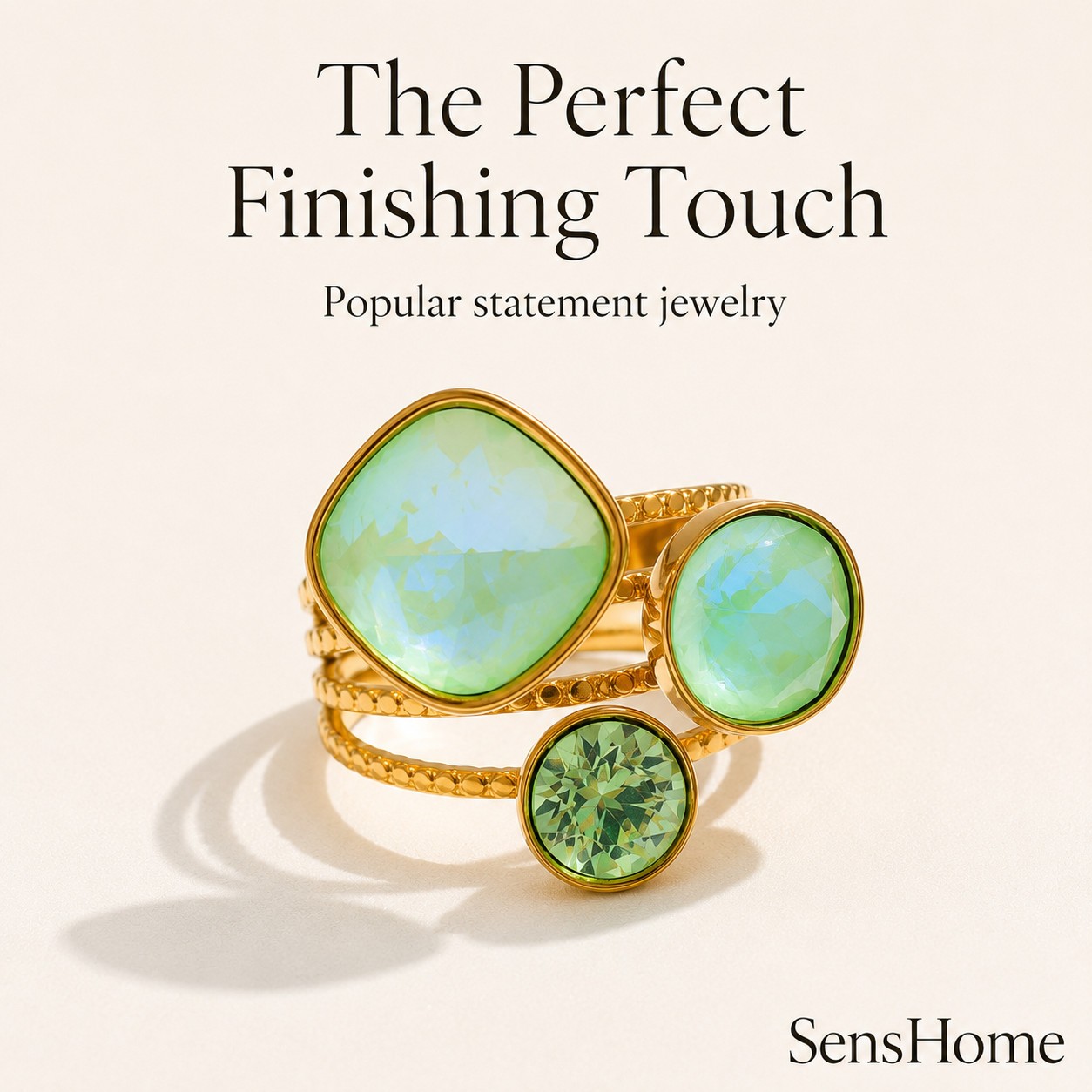 Women’s Green Crystal Statement Ring Gold Tone Stainless Steel Adjustable