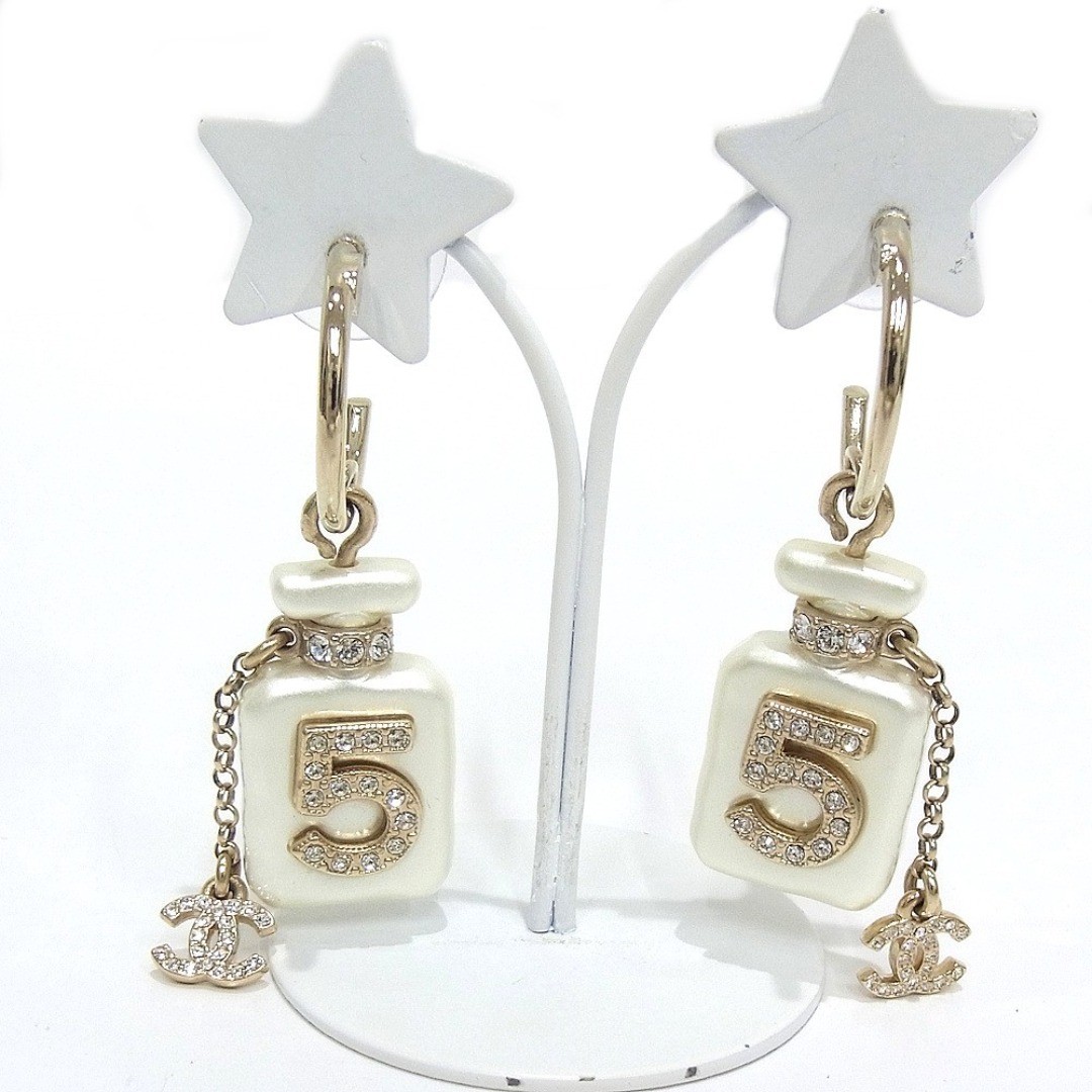 Chanel Earrings No. 5 Perfume Bottle Design Faux Pearl/Rhinestone A22S Coco Mark