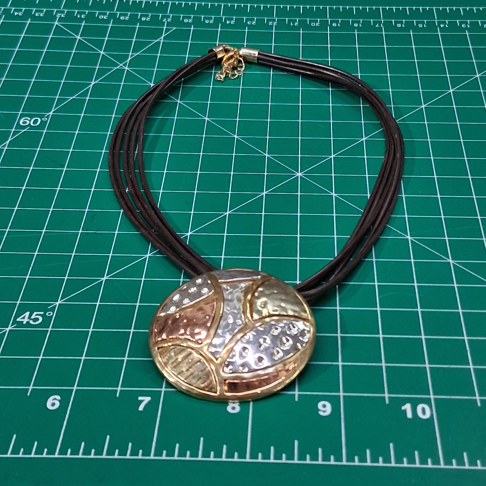 Vintage Stainless, Copper & Brass Round Shield Medallion Brown Cord 16” Necklace