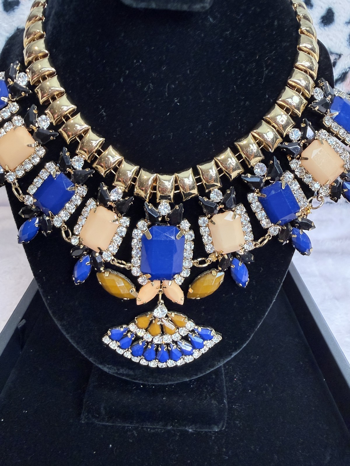 Gold Tone Statement Bib Necklace Blue Peach Amber Rhinestone Collar Fan Drop