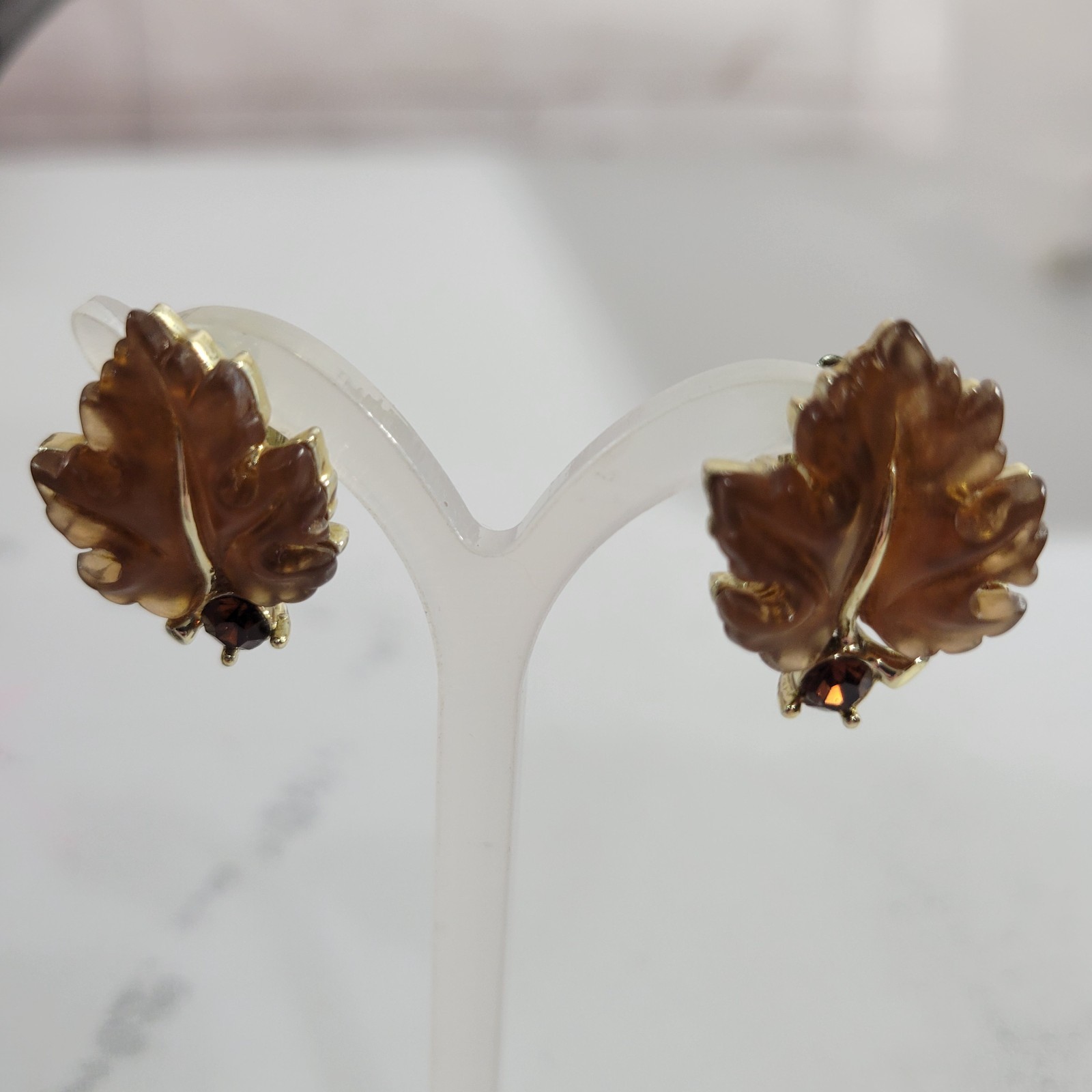 Lisner Autumn Leaf Lucite Rhinestone Set Amber Topaz Necklace Bracelet Earring