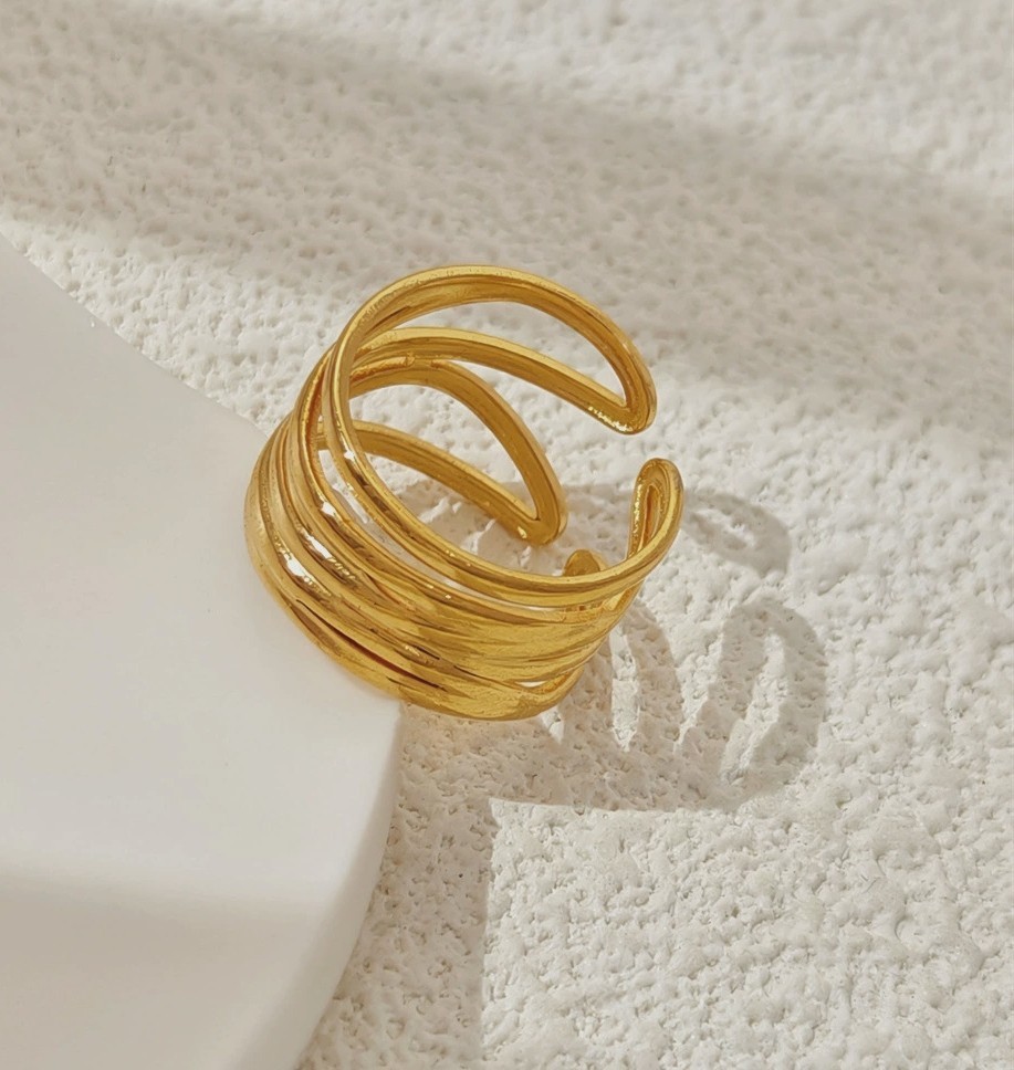 Concise Gilded Multi Layer Lines Stacking Irregular Winding Adjustable Open Ring